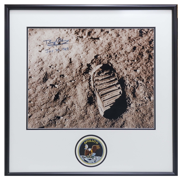 Buzz Aldrin Signed 20'' x 16'' Photo of the Footprint Upon the Moon -- Aldrin Also Handwrites the Date of the Moon Landing -- With Novaspace COA